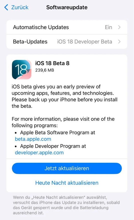 江川苹果手机维修分享苹果 iOS / iPadOS 18 开发者预览版 Beta 8 发布 